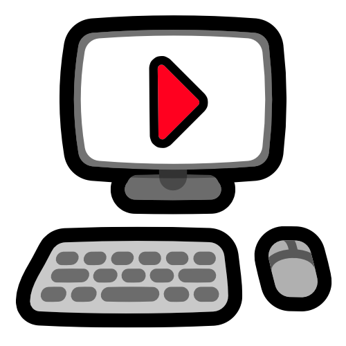  A grey monitor displaying a red 'play' icon on a white screen, a grey keyboard, and a grey mouse